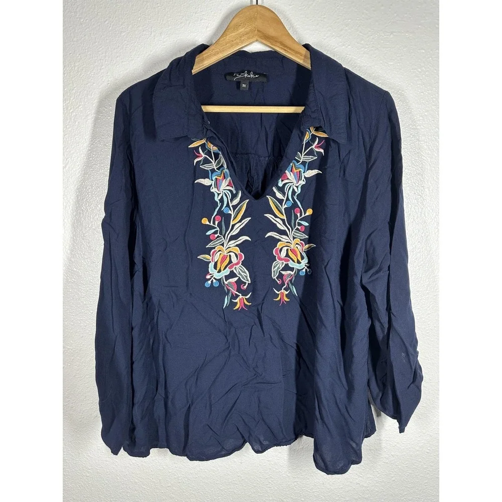 RD Koko Blouse Womens 3X Navy Embroidered Floral Collared Boho Tunic Top‎
